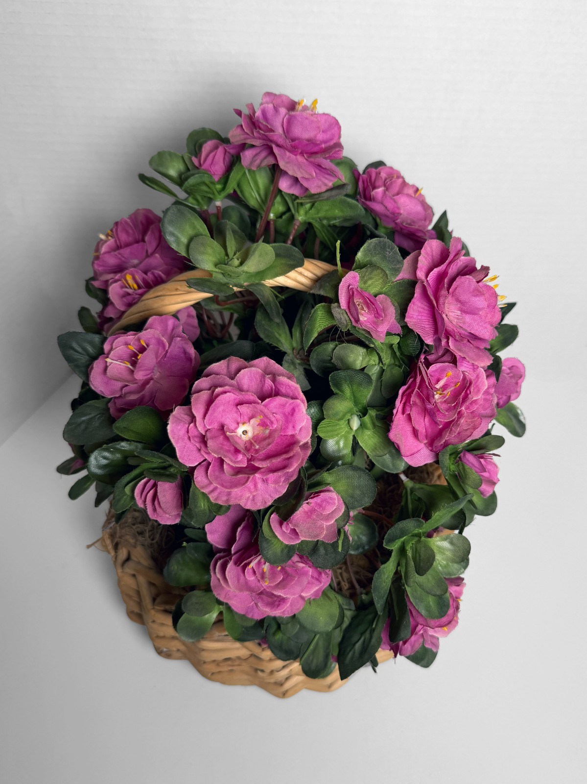 Camellia Artificial Flower Arrangement In Wicker Basket VTG 80s Centerpiece 13”h
