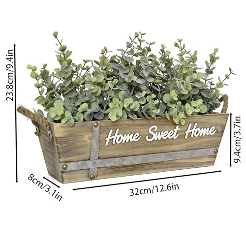 Artificial Table Centerpiece in Wooden Box, Faux Greenery Eucalyptus