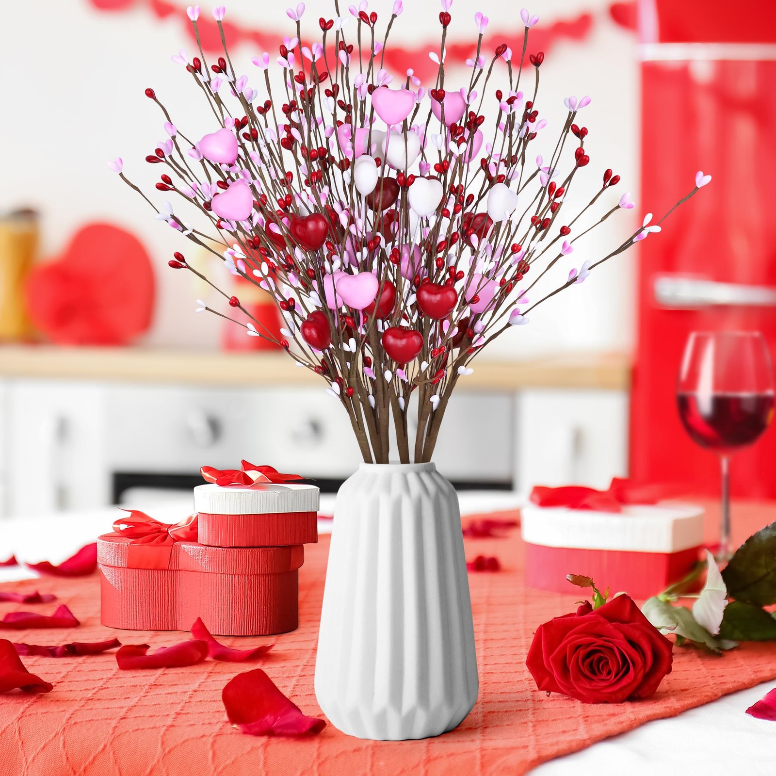 Valentines Day Decorations Artificial Heart Flowers Berry Stems Gifts Filler