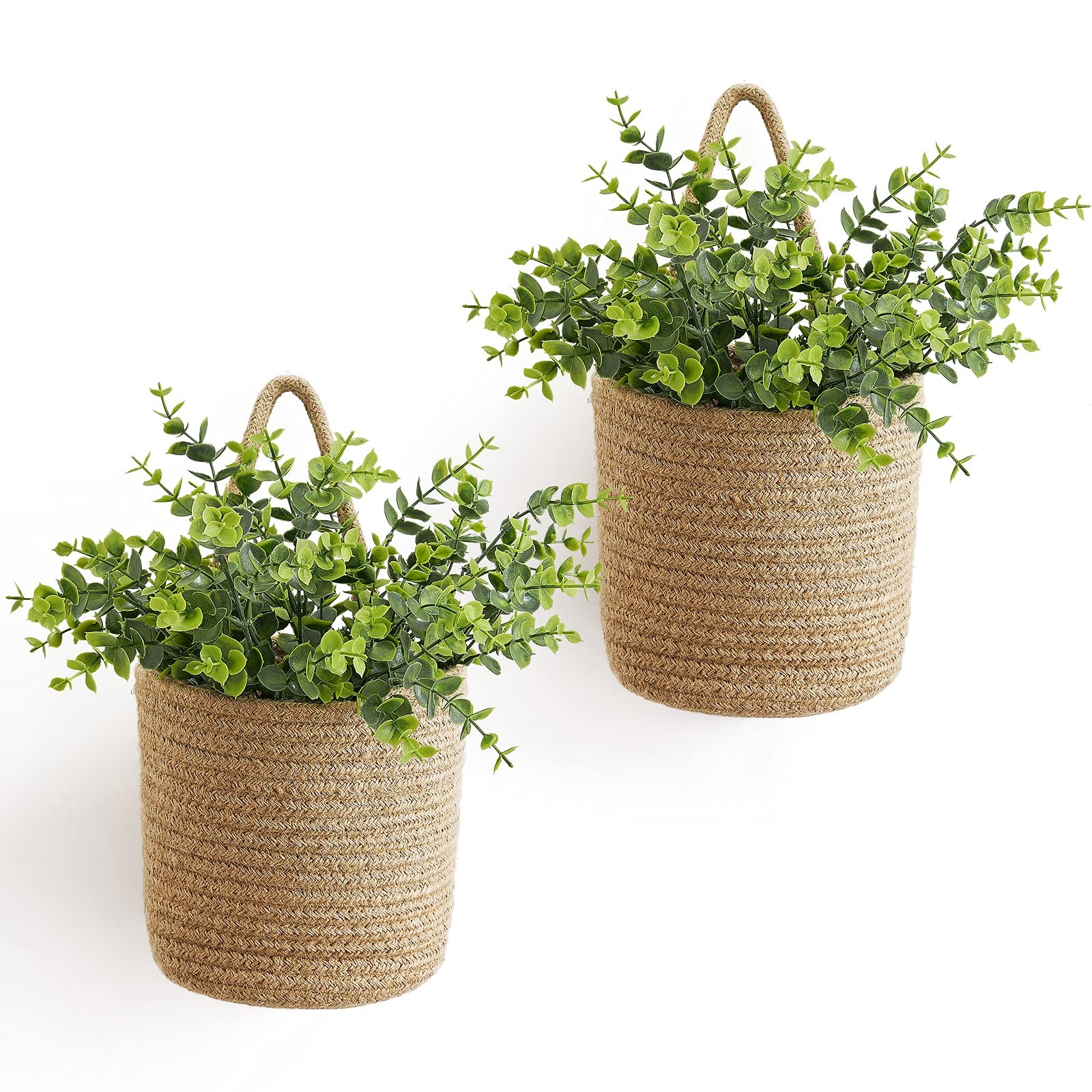 2 Pack Wall Hanging Rope Basket With Artificial Eucalyptus Farmhouse Decor Jute