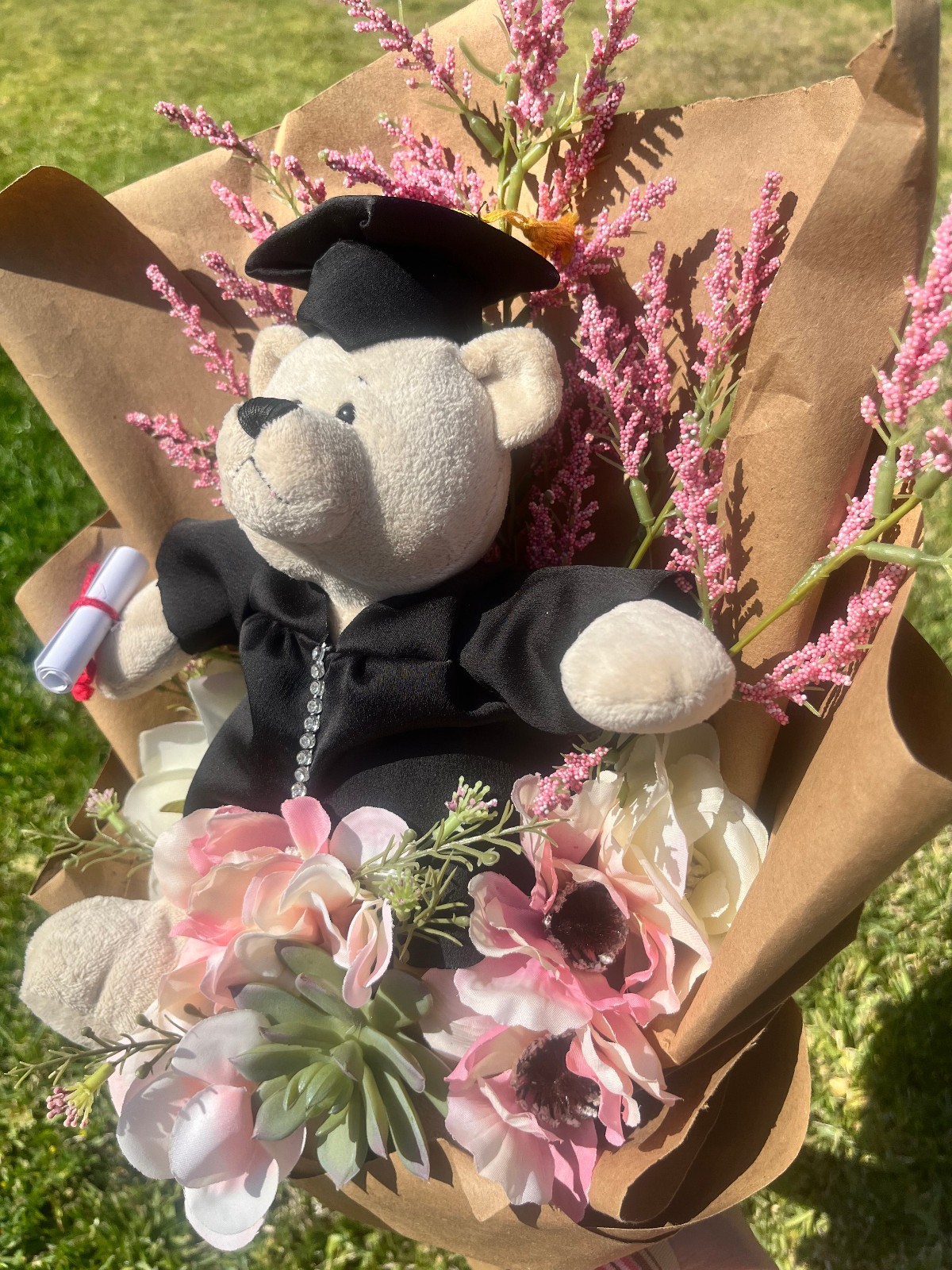 Hand Made Graduation Plush Bear Pink Artificial Flower Bouquet & Matching Ribbon
