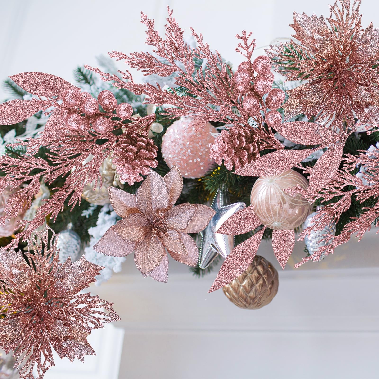 Christmas Artificial Poinsettia Flowers 35 PCS Rose Gold Glitter Floral Picks