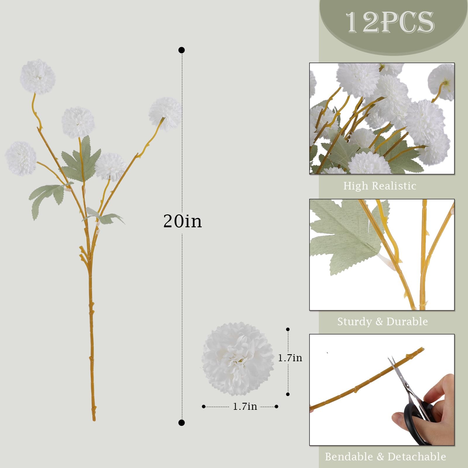 12 PCS Artificial White Chrysanthemum Kiku Pom Mums Faux Floral Centerpiece