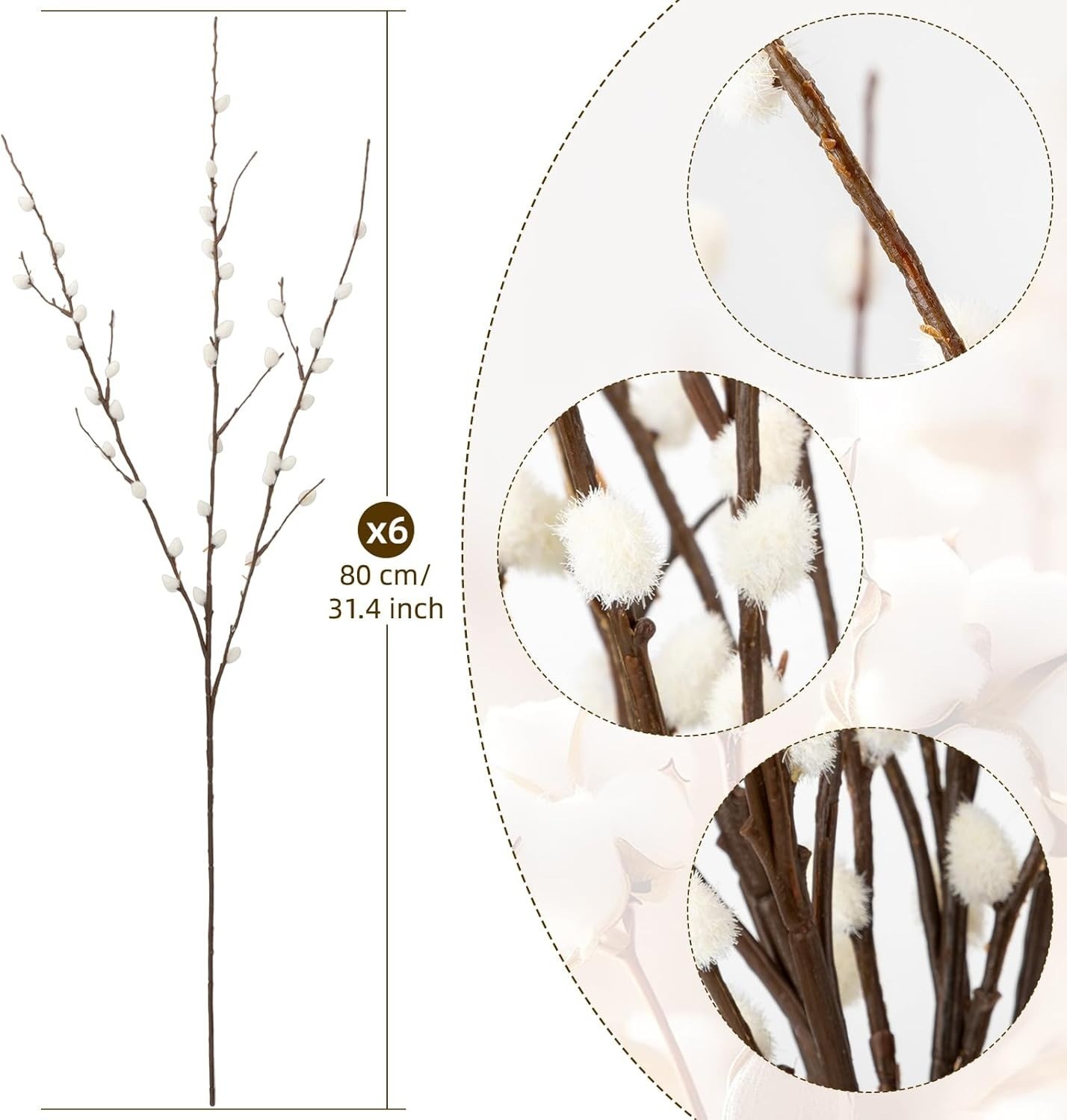 6pcs 31.4inch Artificial Pussy Willow Branches Faux Silk Stems Vase Floral Decor