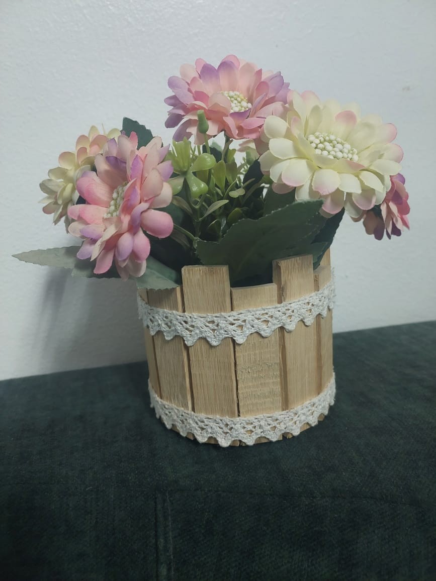 Rustic Artificial Flower Arrangement in Wooden Barrel Pot Farmhouse Decor