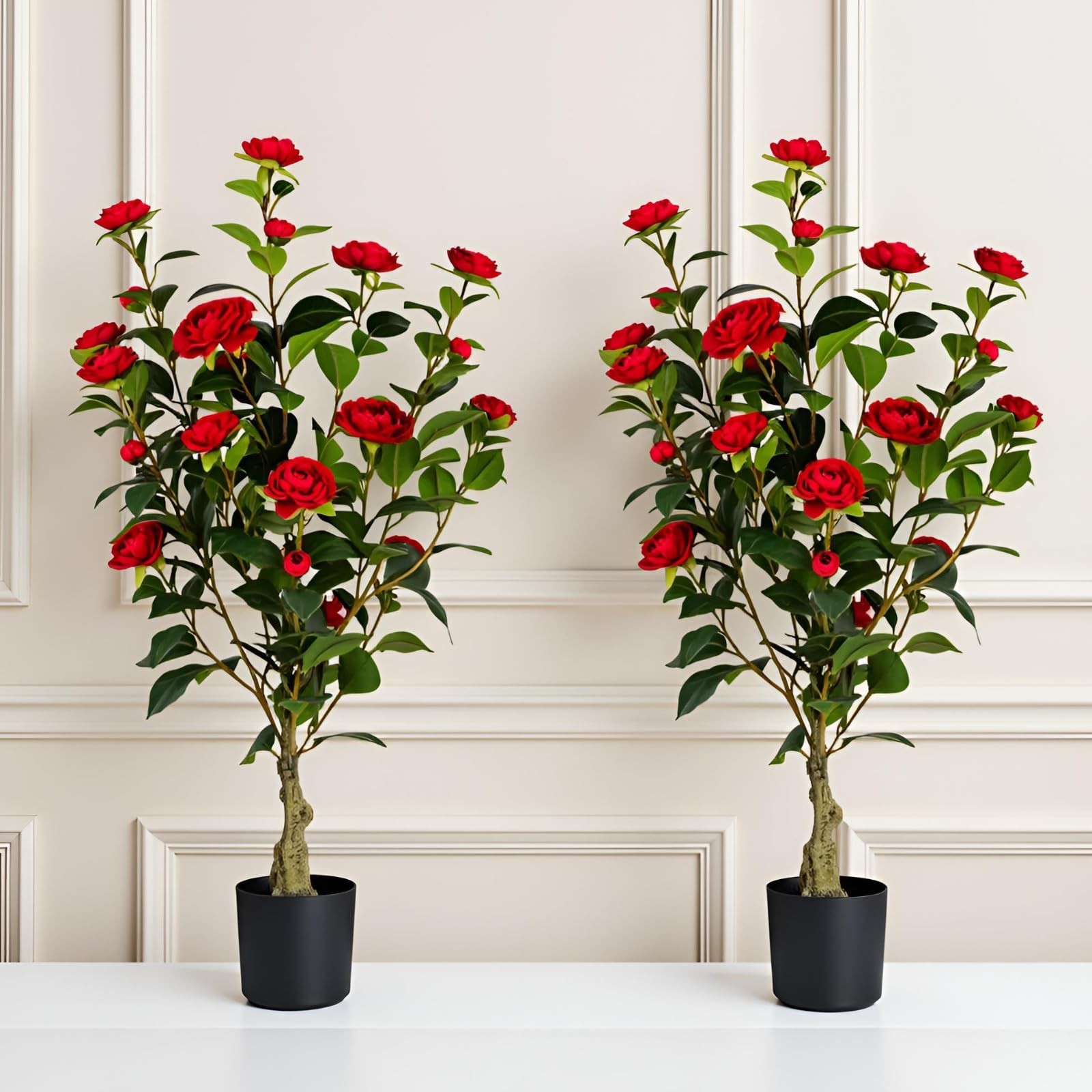 Artificial Camellia Tree 2 Pack, 3FT Faux Camellia Plant in Pot, 36 inch Fake…