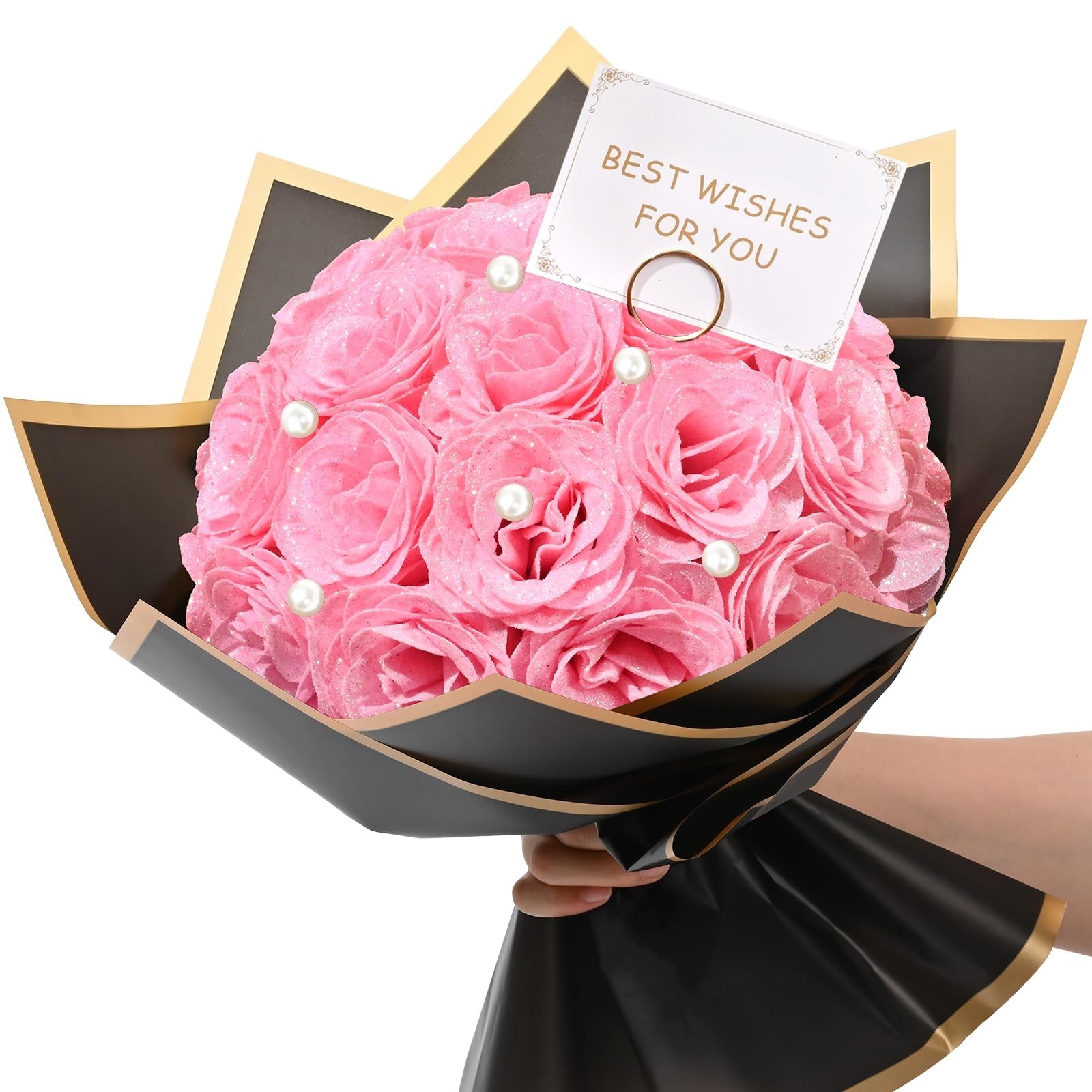 Pink Glitter Roses Bouquet – 24 Artificial Flowers for Wedding, Engagement, Vale