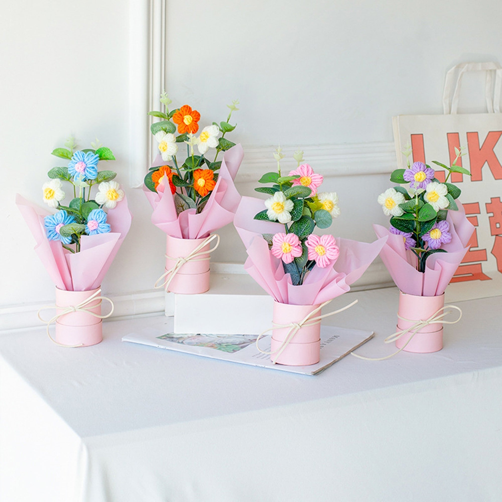 Crochet Flowers Bouquet with Light, Exquisite Gift Knitted Home Floral Decor