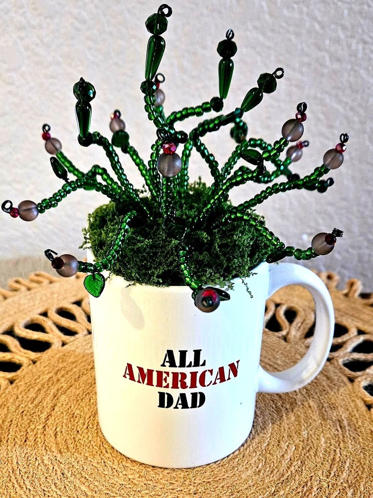 All American Dad White Ceramic Mug with Green Beaded Succulent