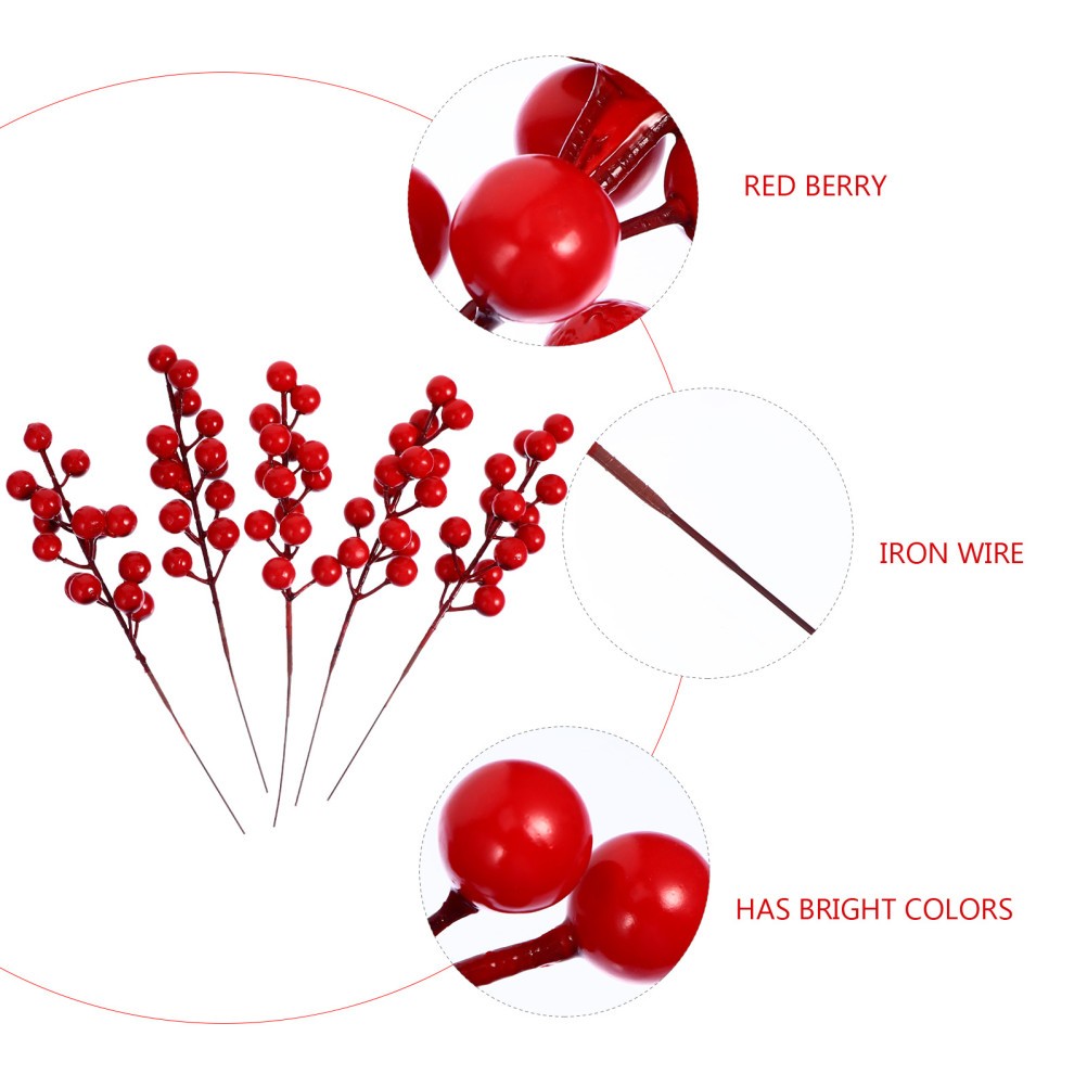 20Pcs Artificial Flower Ornaments Red Berry Branches for Xmas Banquet Decoration