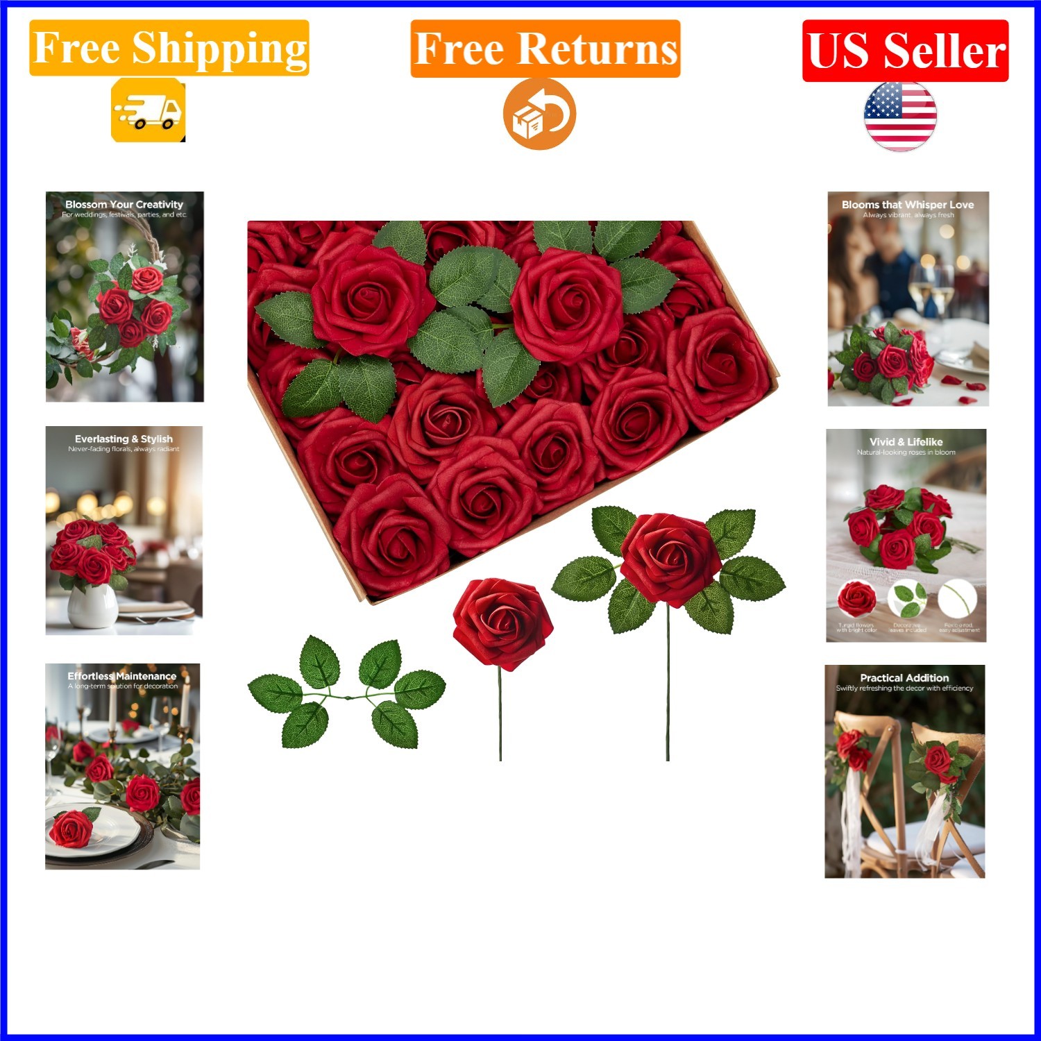 25 Dark Red Foam Fake Roses with Stems for Wedding & Party Decorations