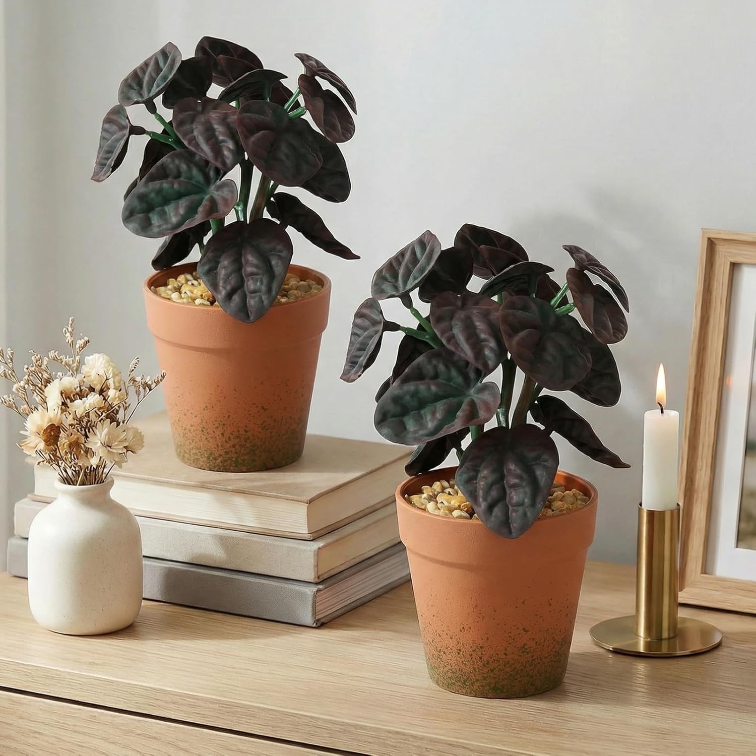 2 Pack 8in Purple Red Artificial Faux Peperomia Potted Plant