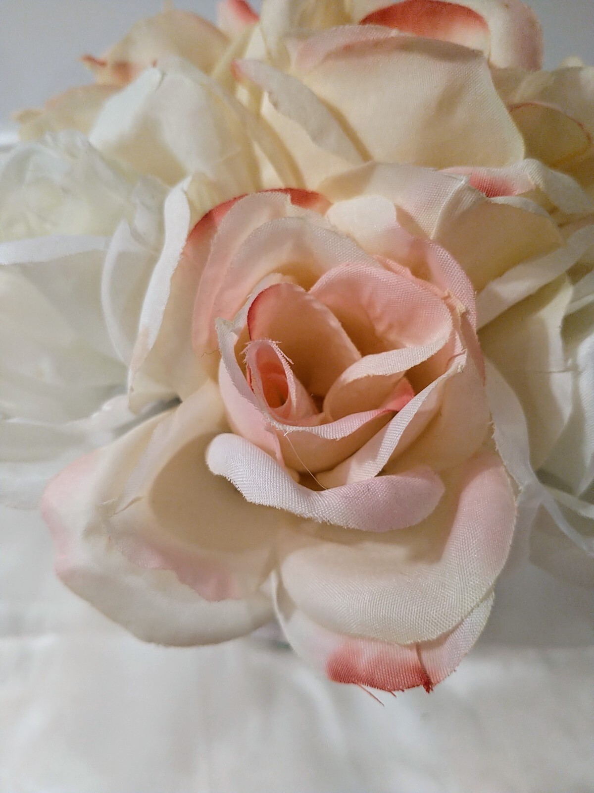 Roses Pottery Pot White & Pink Flowers Artificial Shabby Chic Decor 8″ x 7″