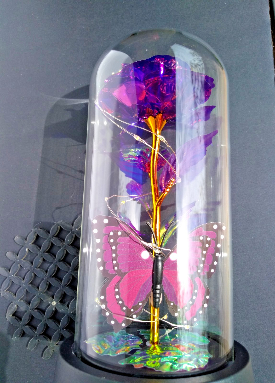 Purple Rose Gift for Women Enchanted Crystal Flower with Butterfly in Glass Dome