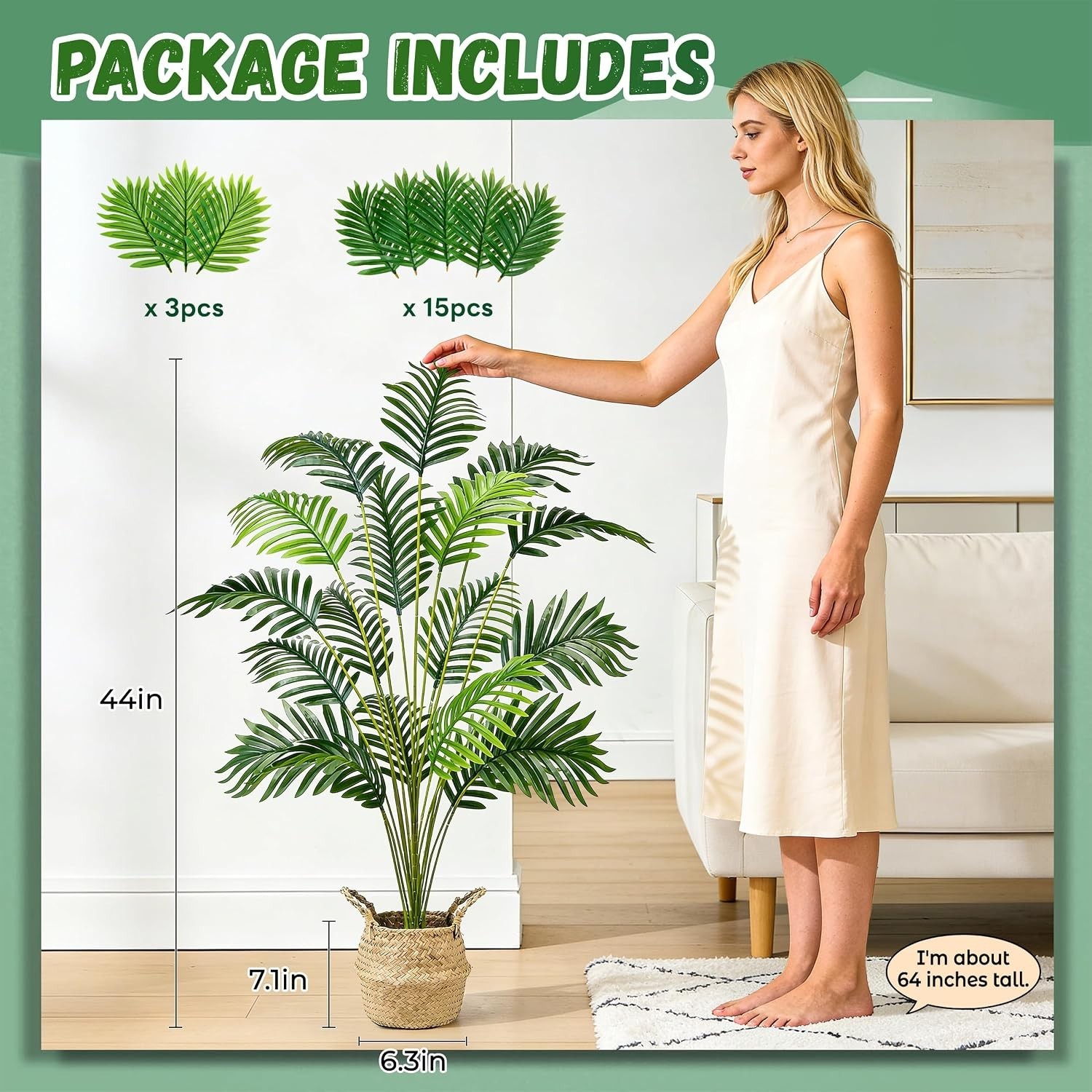 Boho 44” Artificial Palm Tree with Woven Basket for Effortless Elegance