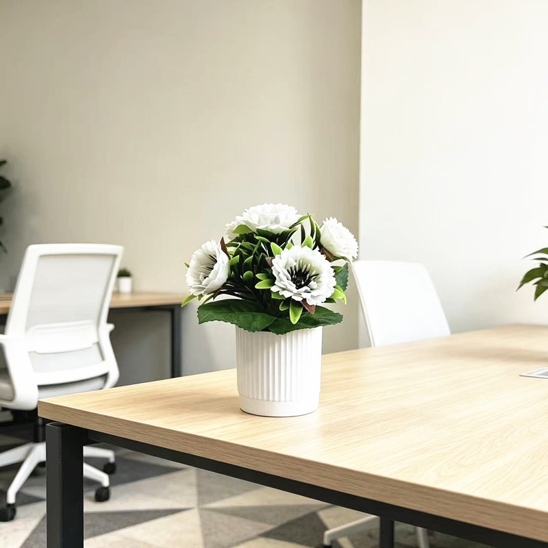 For Home Decor Faux Peony Daisy in Slim Ribbed White Pot for Small Area Styling