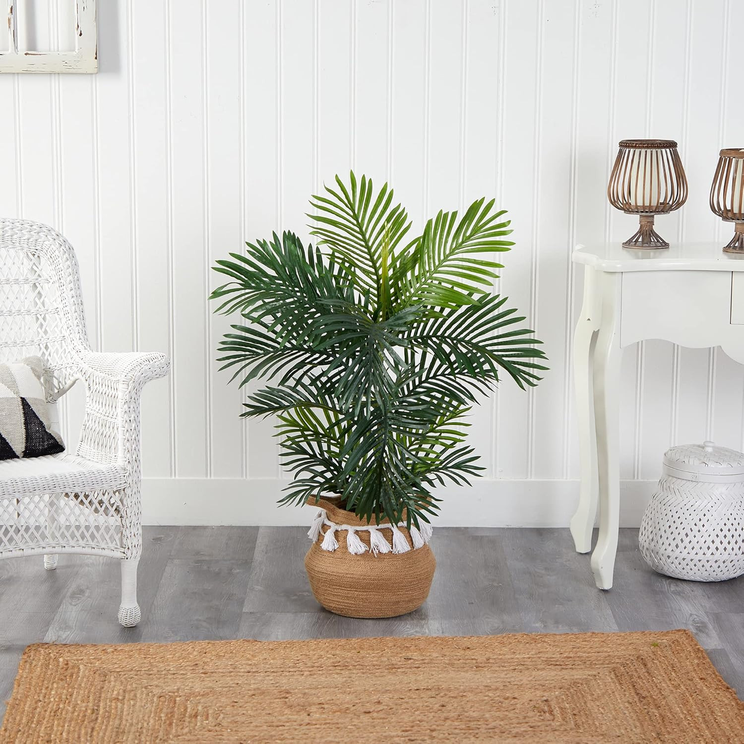 Boho Chic 40″ Areca Artificial Palm Tree in Woven Cotton Planter with Tassels