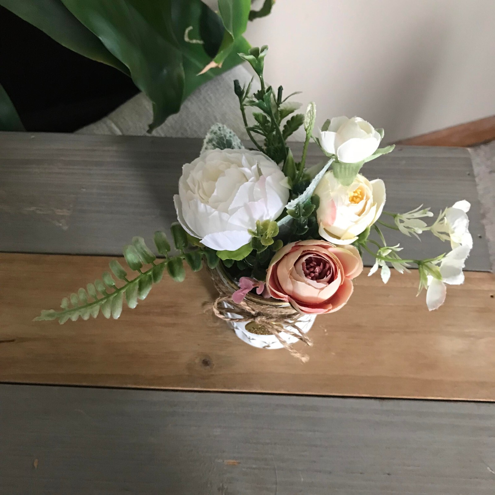 Handmade Floral Arrangement in Distressed White and Metallic Gold Jar