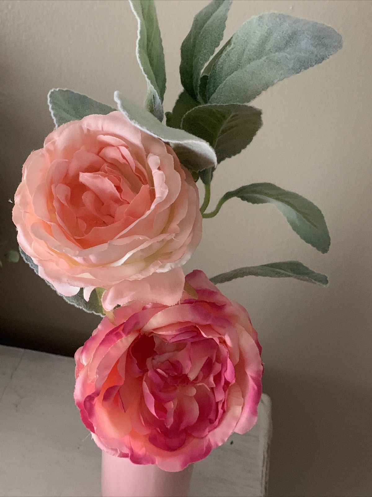 13” pink glass vase roses lambs ear stem farmhouse decor Floral Arrangement ❤️tb