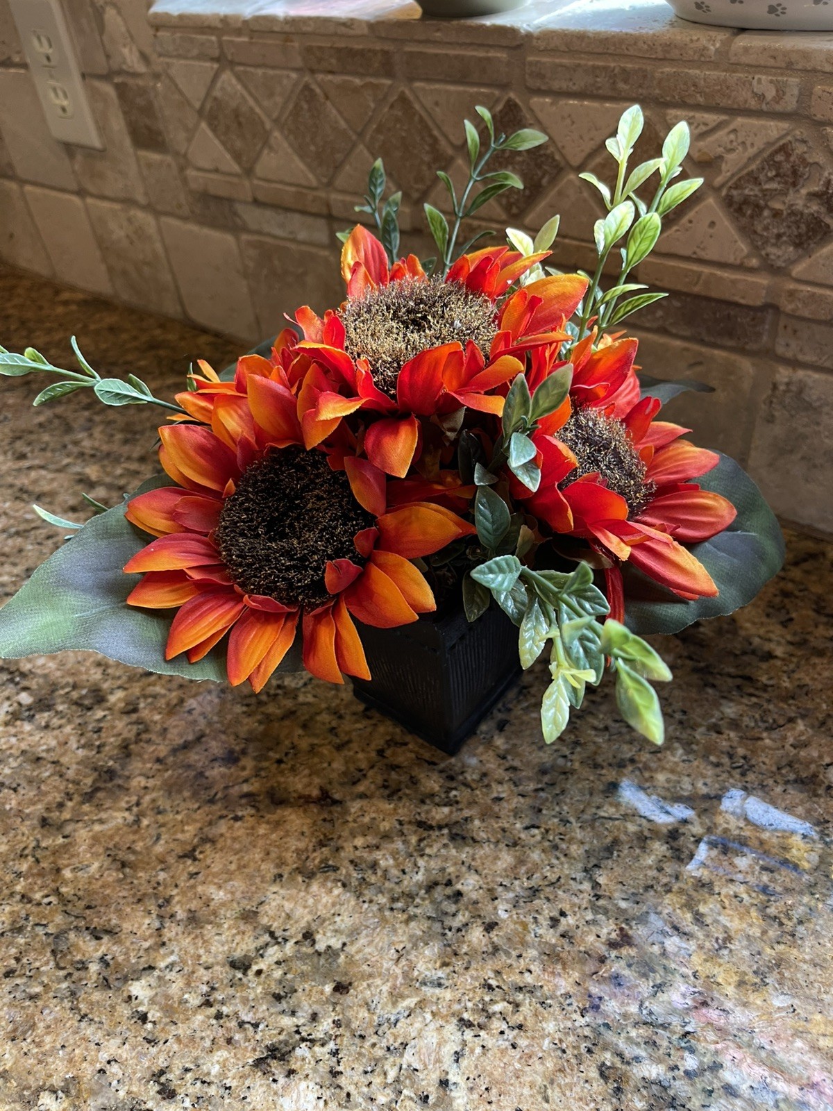 Sunflower Artificial Floral Arrangement In Ceramic Pot. Approx 9 “ tall.