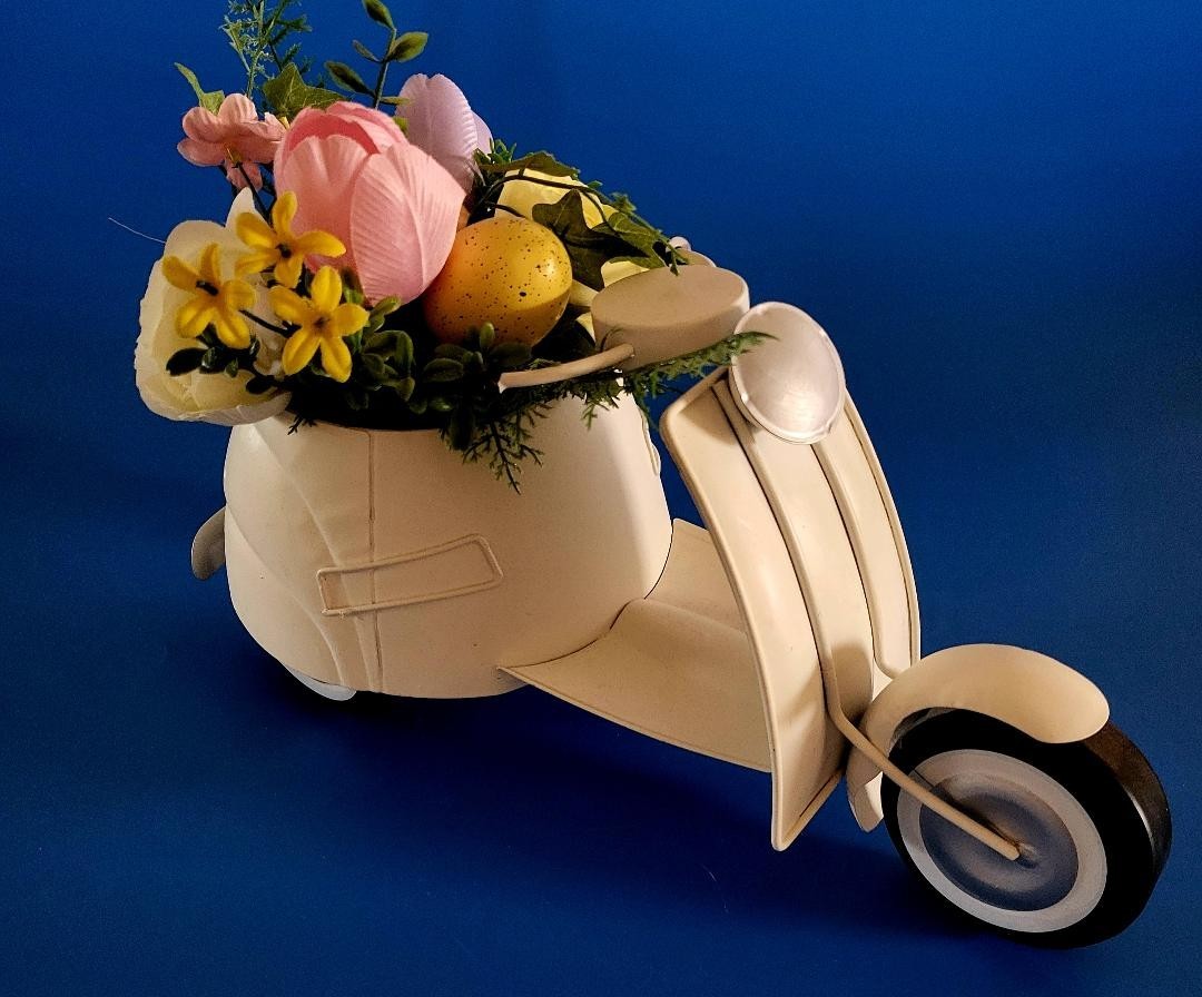 Spring Tulip Arrangement in Vespa-Like Metal Scooter w Artificial Flowers & Eggs
