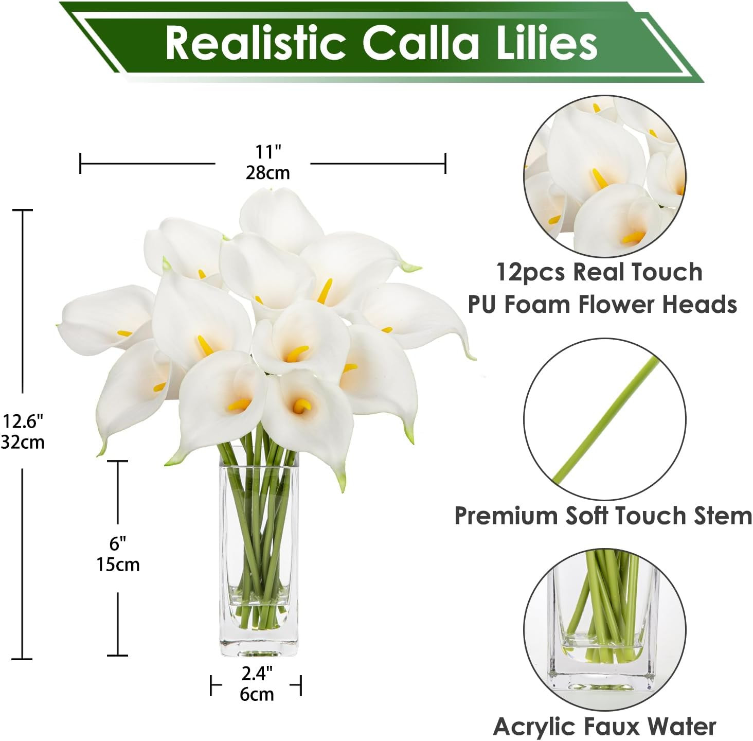 Fake Flowers in Vase 12“ Artificial Calla Lily Pure-White Flowers Arrangement wi