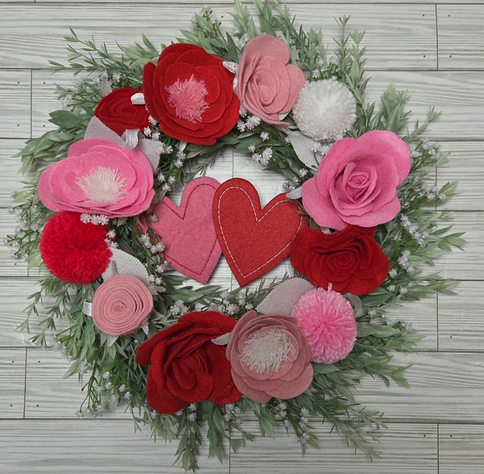 Valentine’s Day Wreath Felt and Faux Silk Florals Hearts Roses BB Greenery Multi
