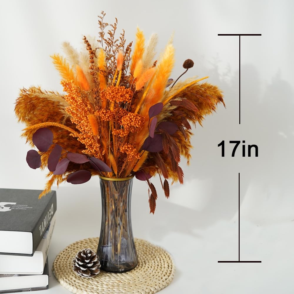 Dried Pampas Grass Bouquet 17″ Orange Sorghum Eucalyptus Wedding Farmhouse