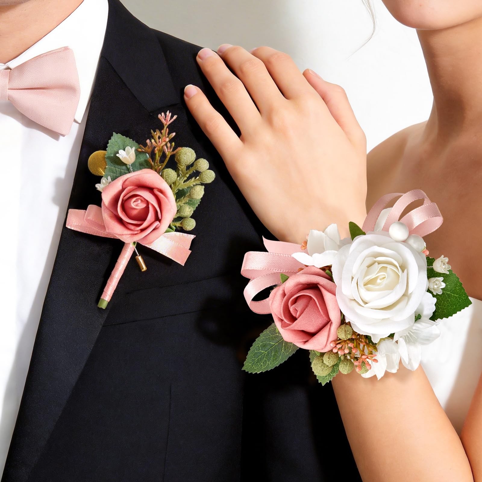 Pink Artificial Rose Corsage and Boutonniere Set Wristlet for Prom Wedding