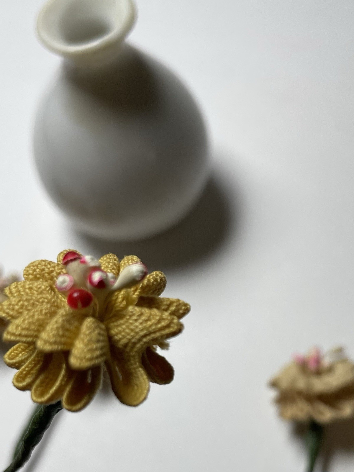 Cloth Flowers and White Ceramic Vase Miniature Decor Made in Japan 4”