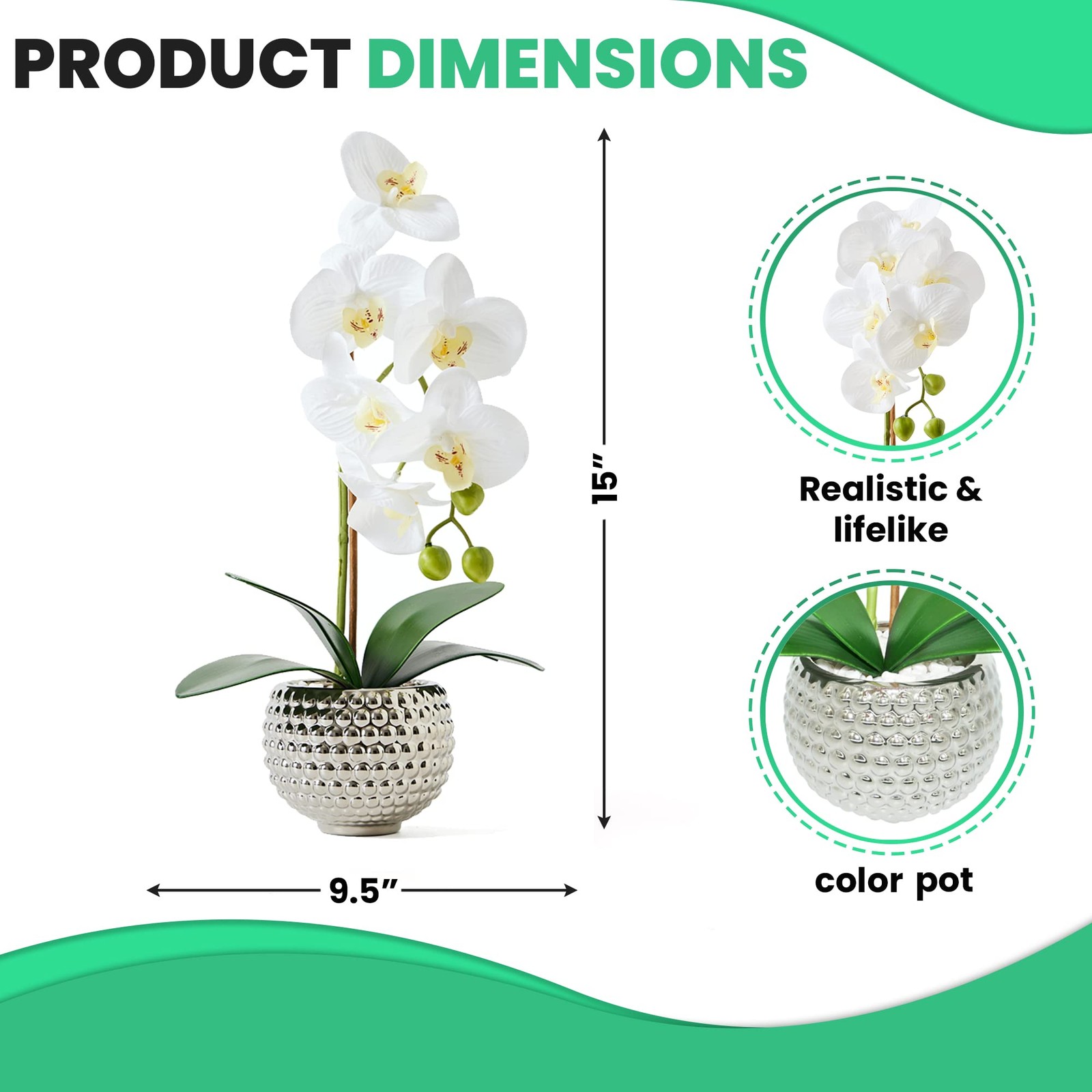 Large Artificial Orchid Flowers In Silver Pot Faux Plants Indoor Table Decor