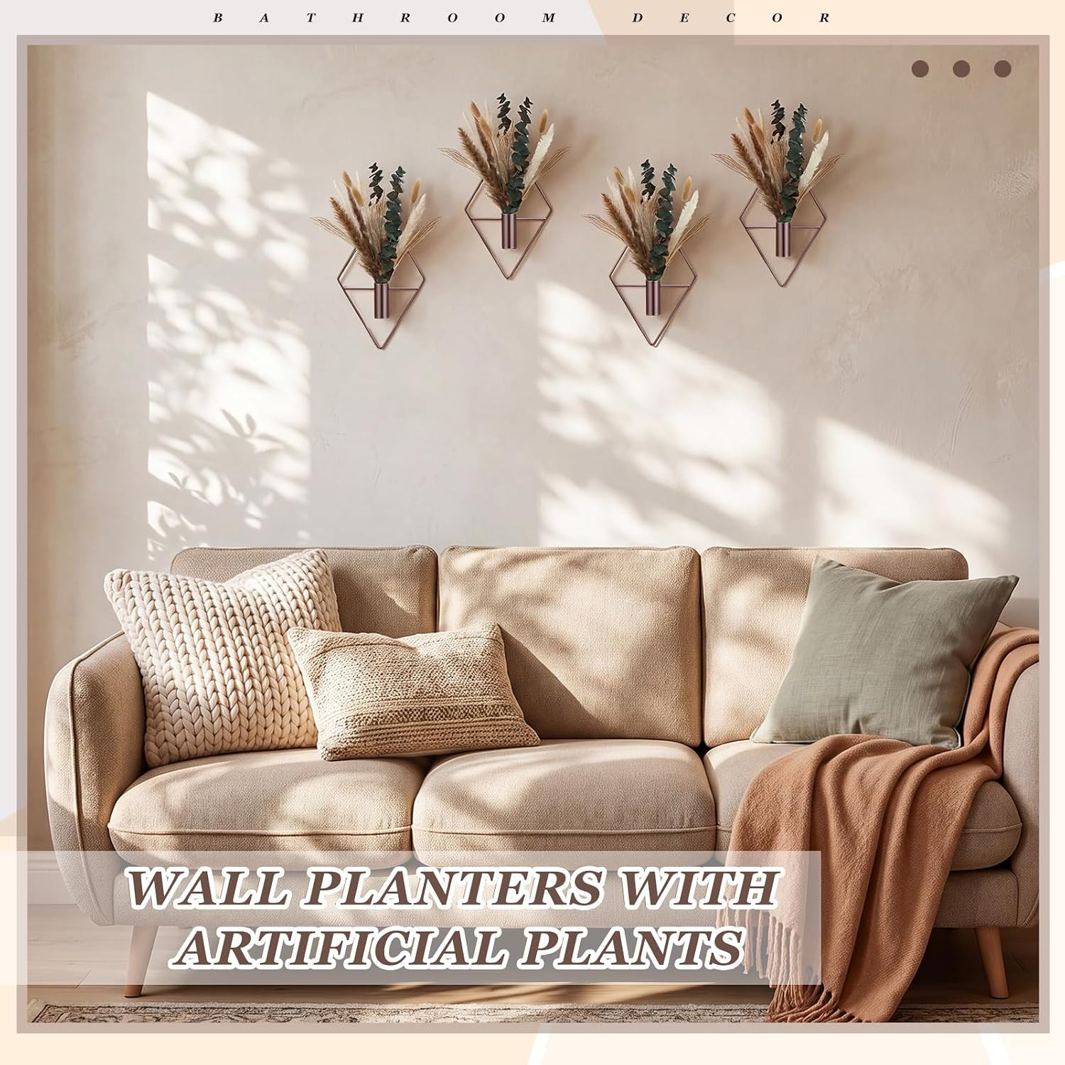 4 Pcs Hanging Planters with Artificial Pampas Metal Hanging Vase Indoor Plants H