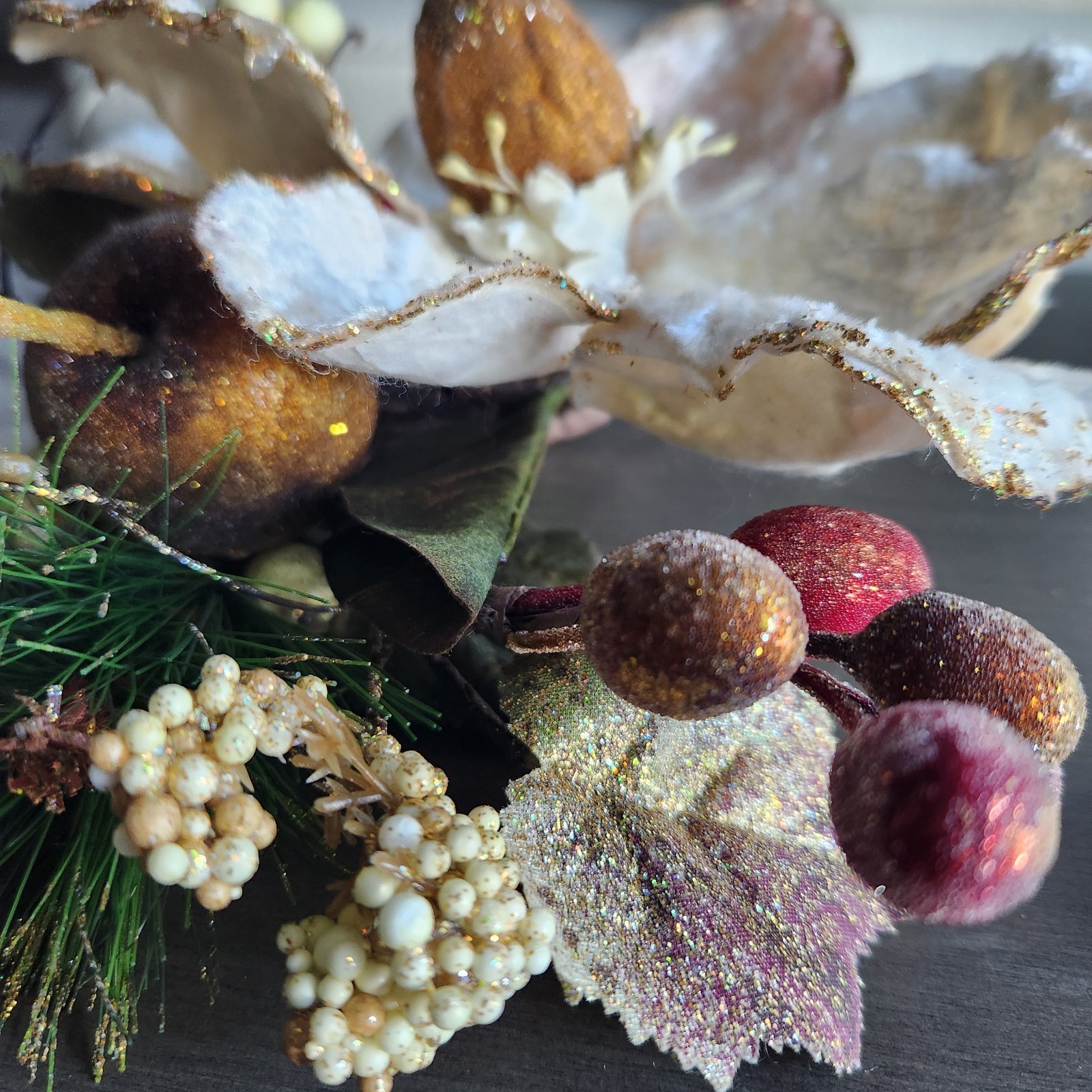 Set of 3 Gold Glittered Artificial Soft White Magnolia Sprays Fruit Berries