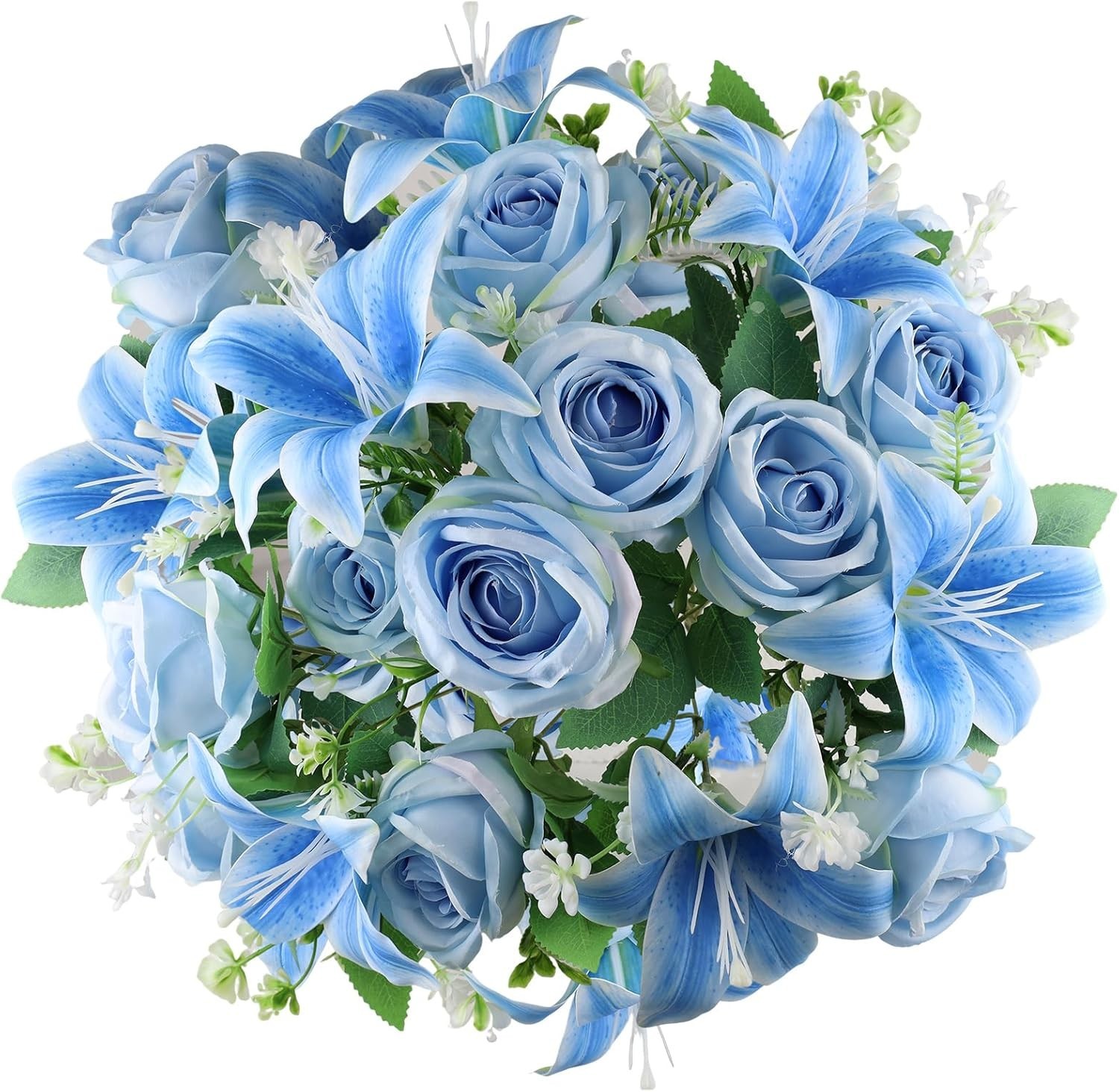 Artificial Cemetery Flowers 2 Set Lilies Roses Mixed Blue Silk with Vases
