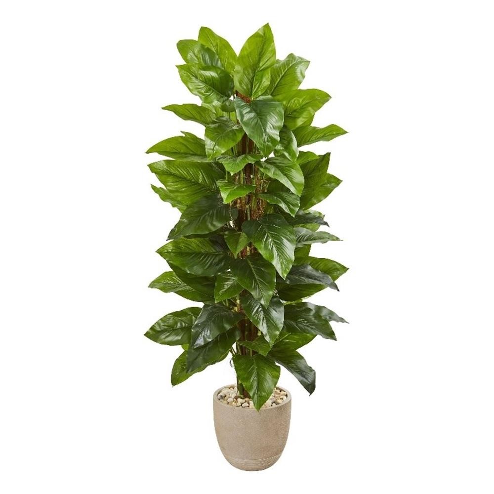 Nearly Natural 58″ Large Leaf Philodendron Plant in Sand Stone Planter