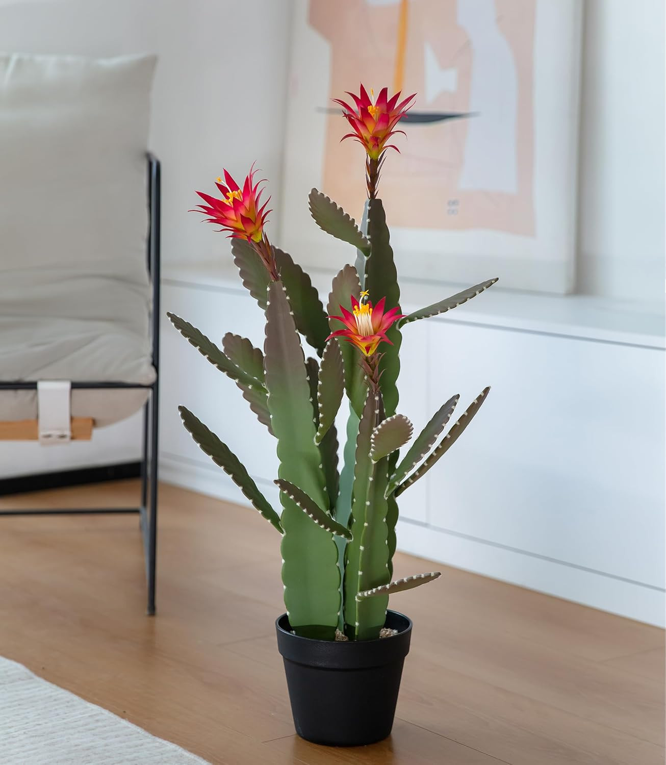Large 33″ Faux Cactus with Magenta Flowers – Realistic Indoor/Outdoor Decor