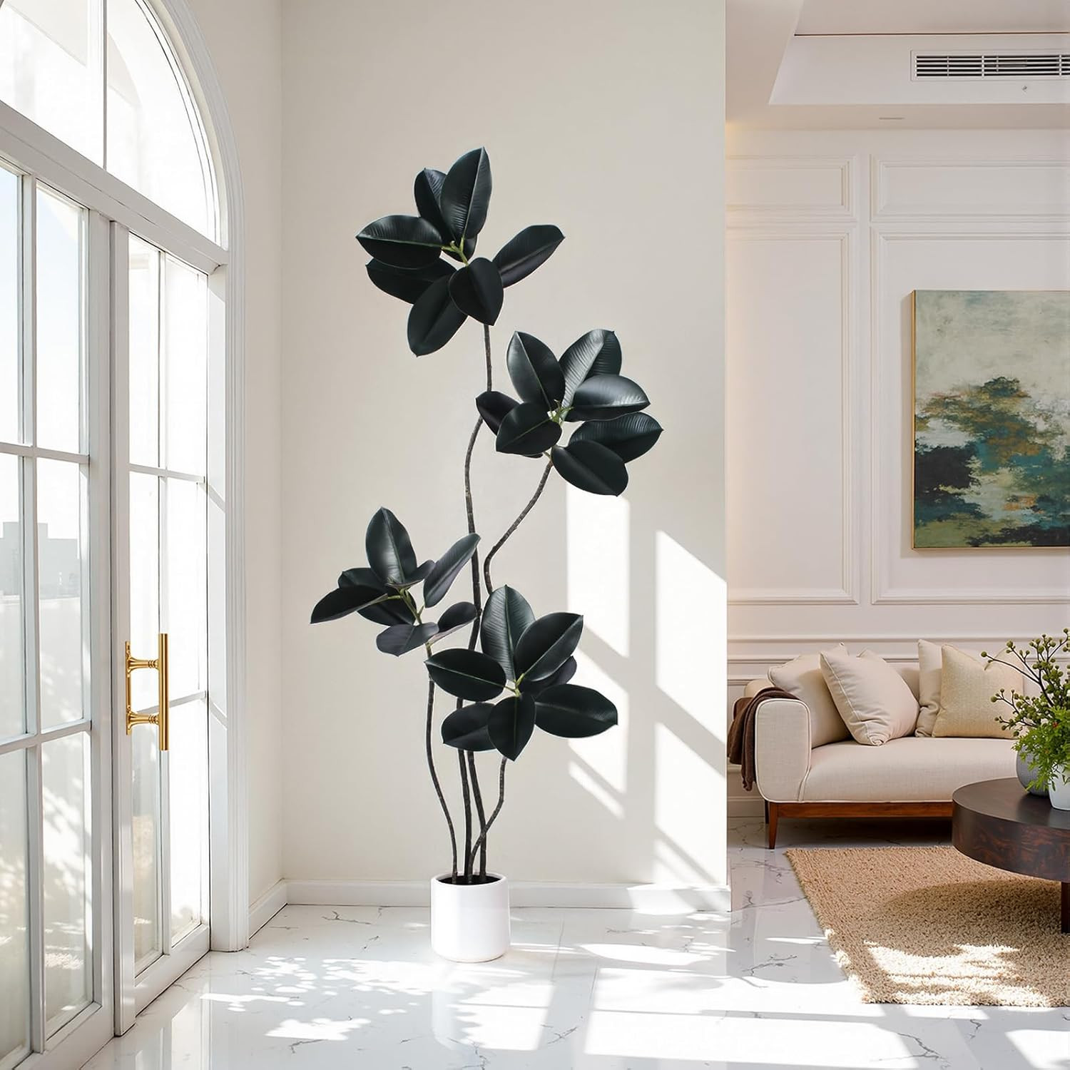 6FT Artificial Rubber Tree – Faux Indoor Plant with White Planter for Home Decor