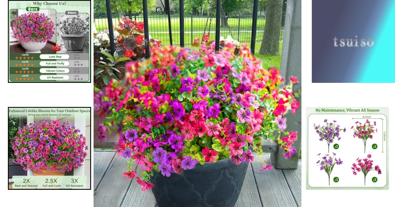 12 Bundles of UV Resistant Fuchsia and Rose Red Artificial Flowers for Outdoors