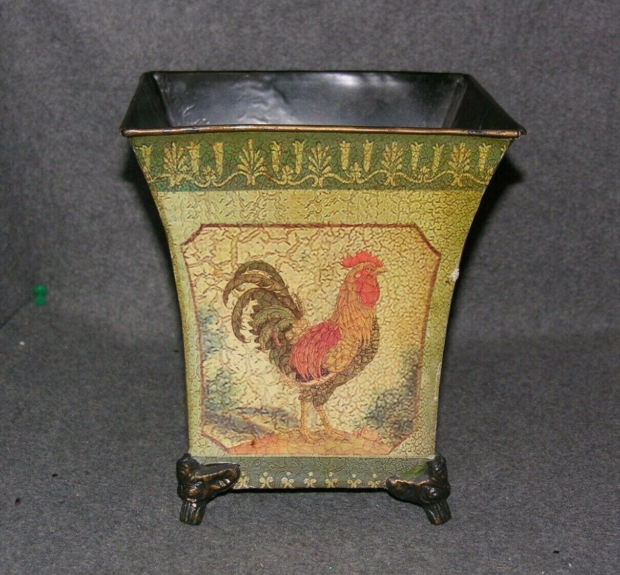Metal Flower Arrangement Square Pot with Rooster Design Scratched