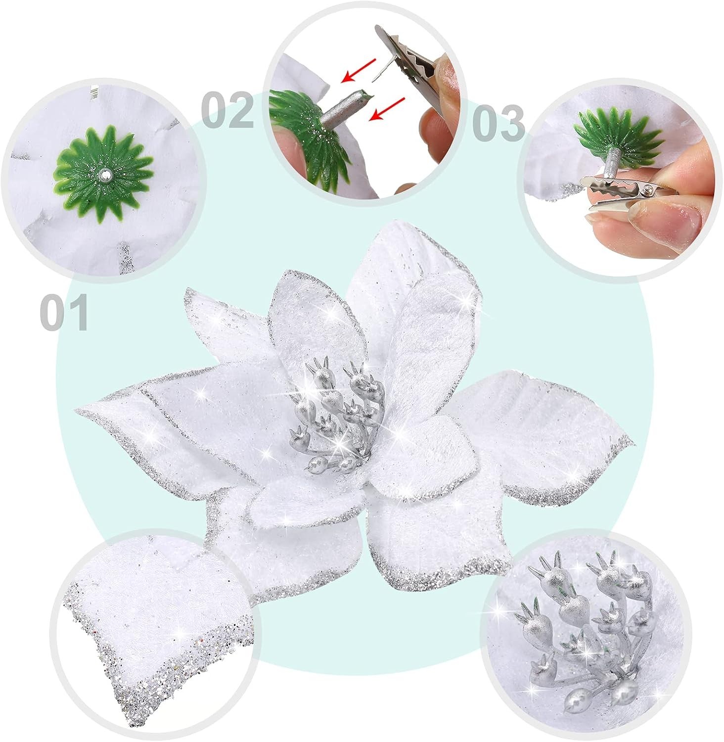 24 Pcs 3 Size Poinsettia Flower Artificial Christmas Decor Glitter Poinsettia…
