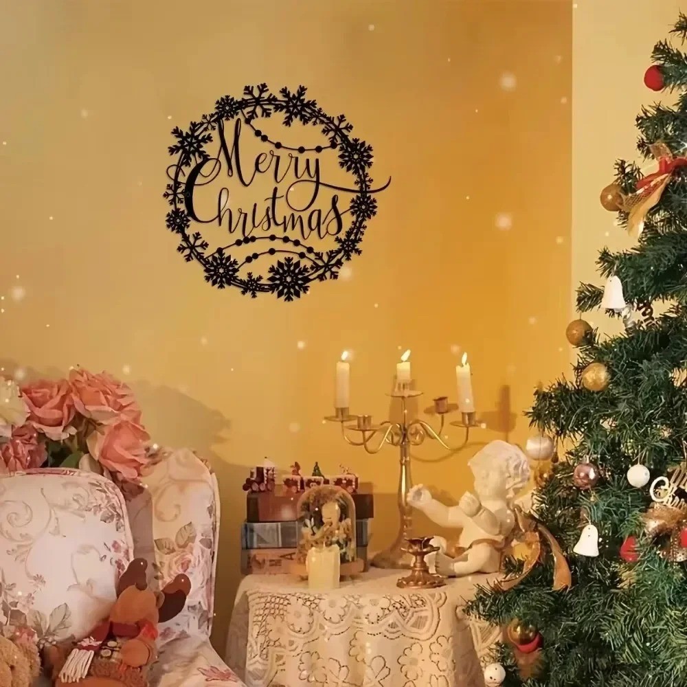 Merry Christmas Round Metal Wall Art – Festive Lettering Logo for Home Decor