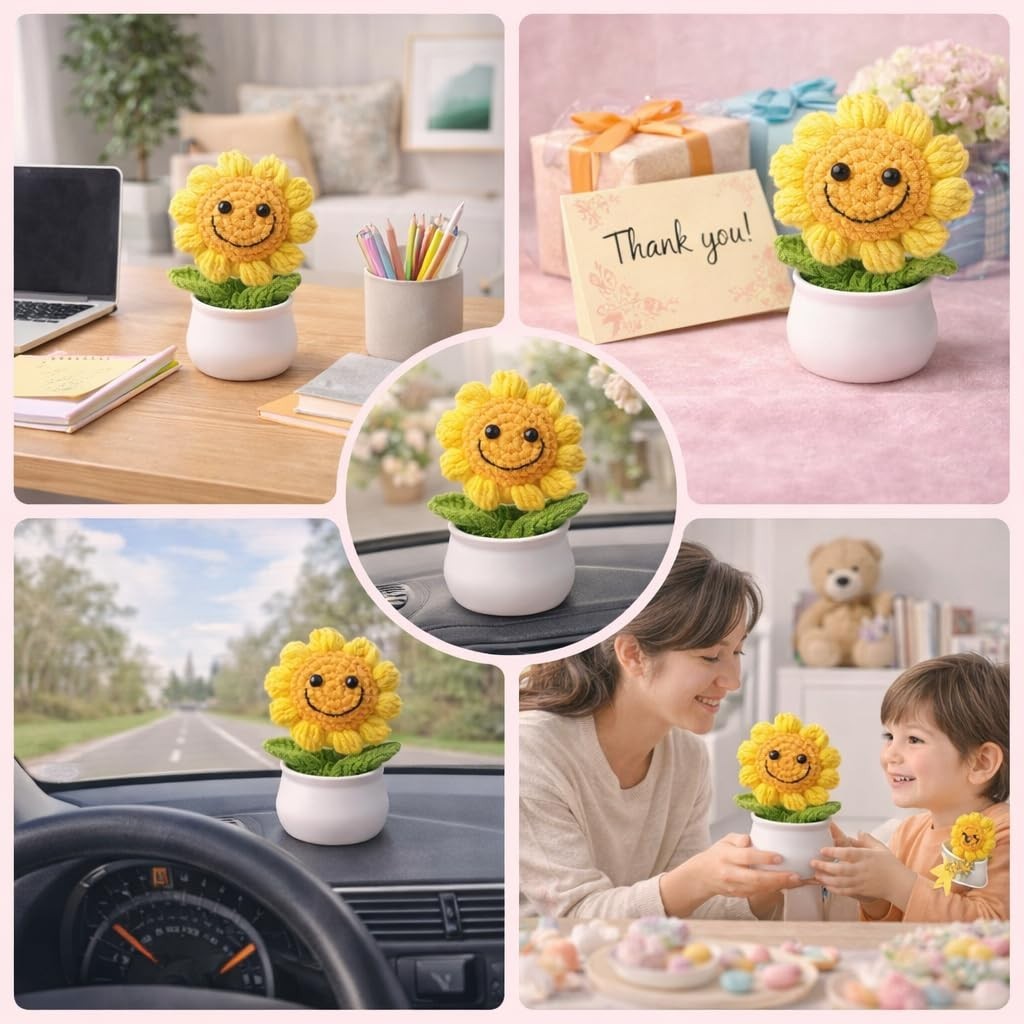 13CM Handmade Crochet Smiling Flower Pot Yellow | Cute Desk Décor Showpiece |