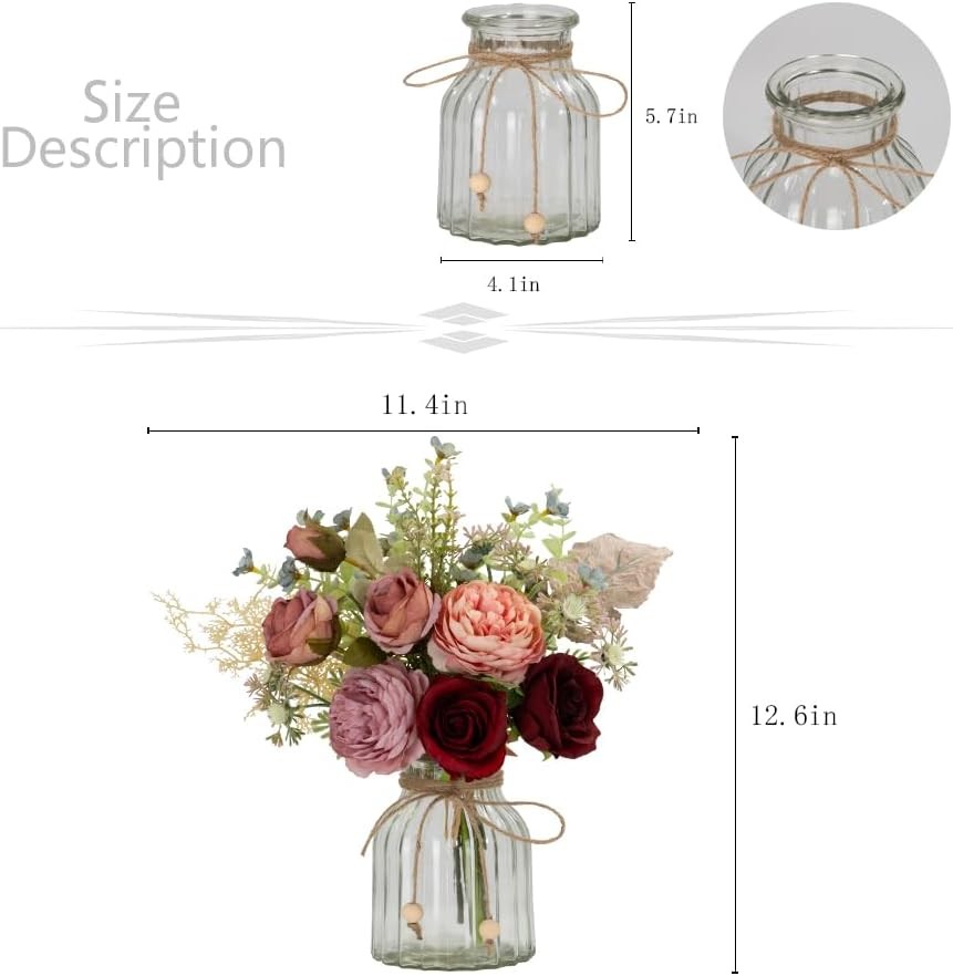 LESING Fake Artificial Flowers with Vase Faux Silk Flower Bouquet in Glass Vase