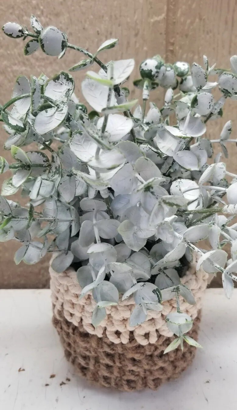 Faux Succulent Plant Dusty Green Crocheted Pot Tan White Jute Twine Cotton 10″