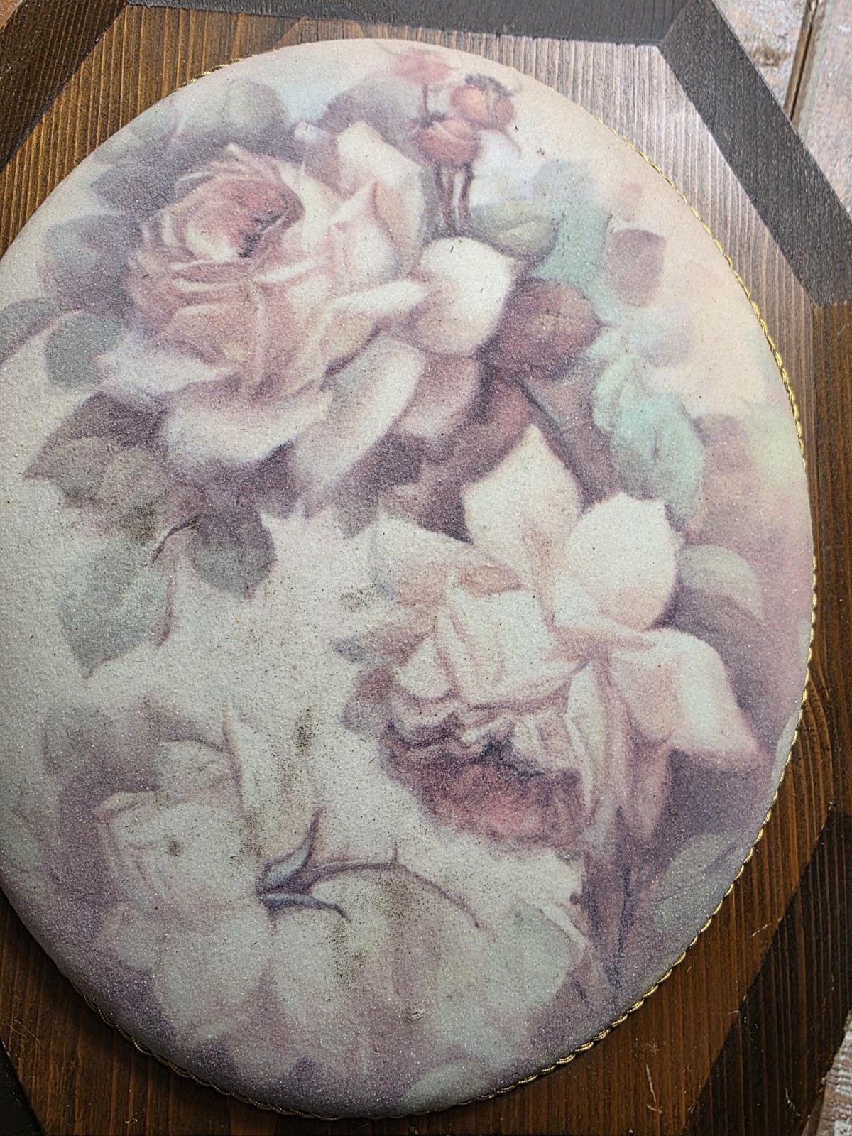 Vintage Oval Wooden Wall Art Plaque With Pink Roses, Convex Dome Shaped Beaded
