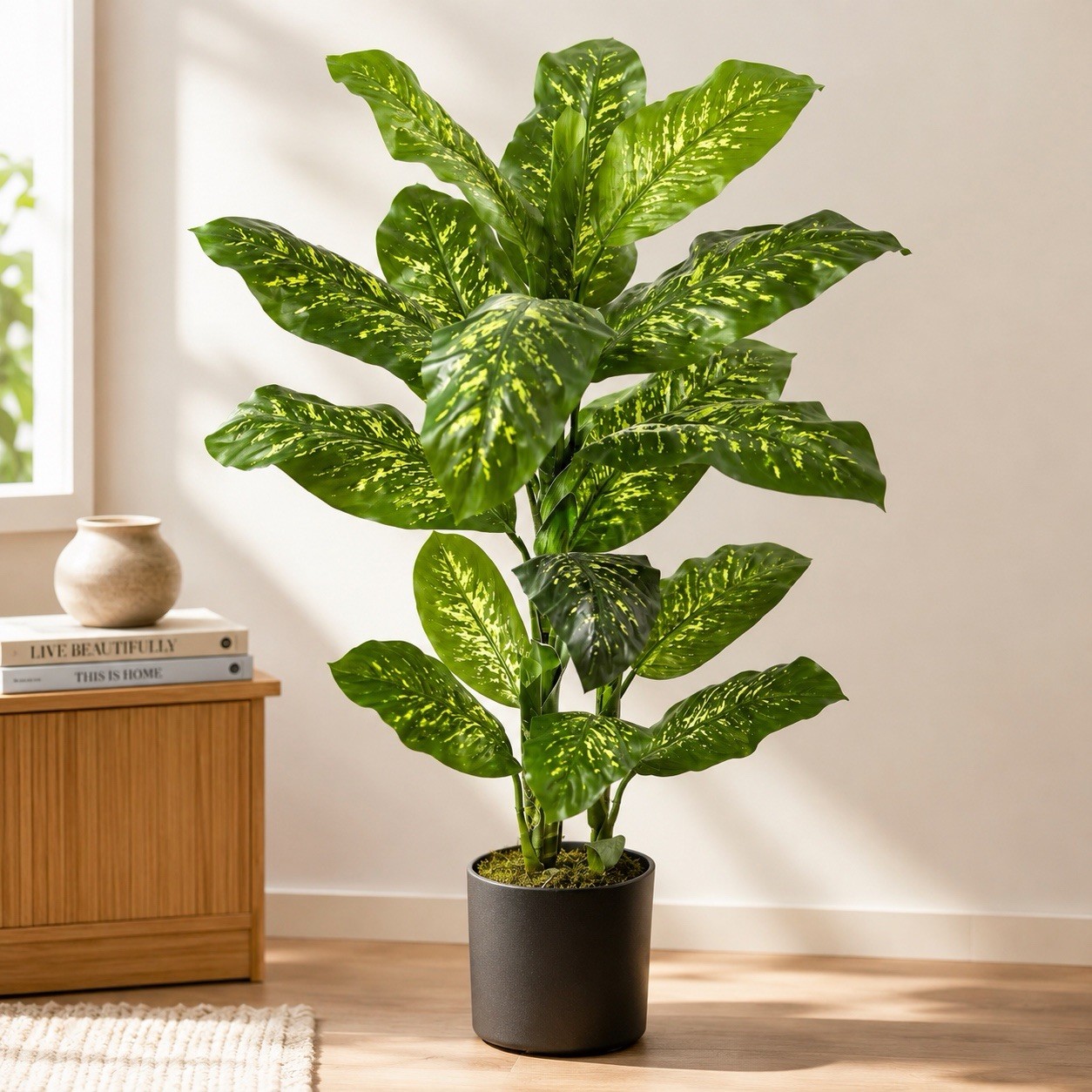 4’ Artificial Dieffenbachia Potted Houseplant in Black Pot, Green/Yellow Decor