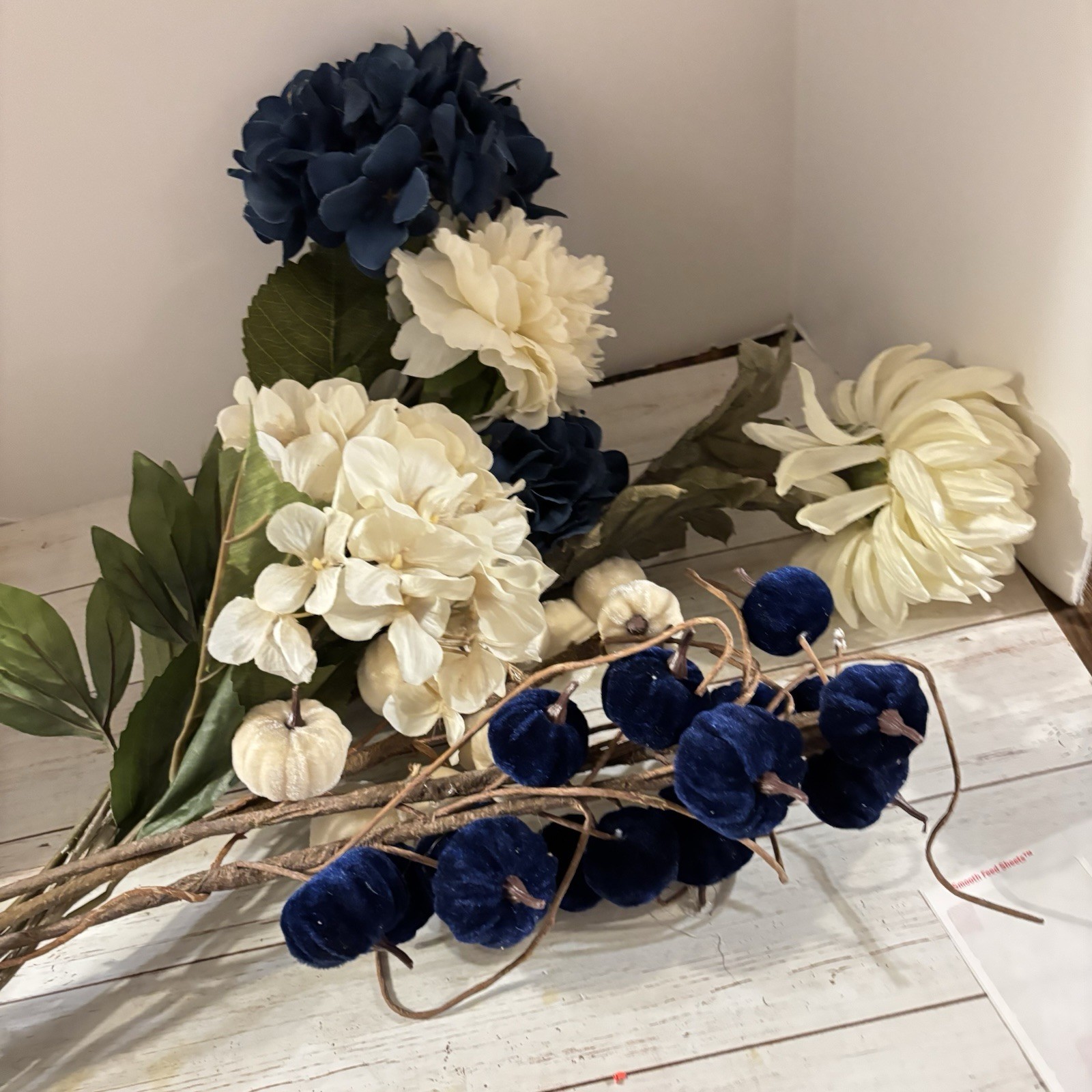 Long 31” Stem Huge Silk Variety White, Blue Flowers & Navy Long Stem Pumpkins