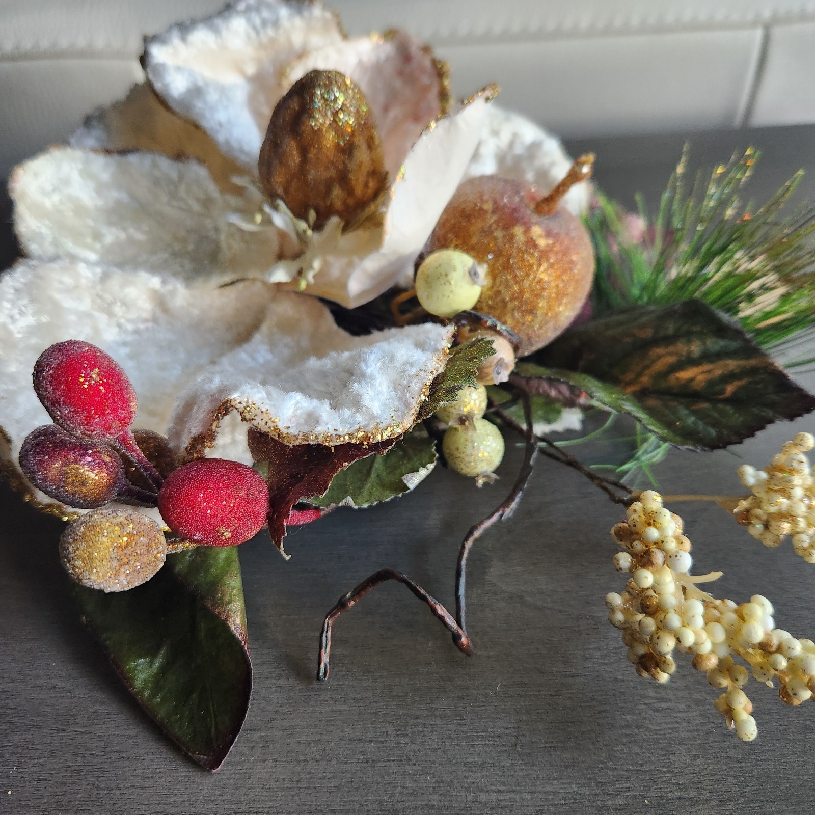 Set of 3 Gold Glittered Artificial Soft White Magnolia Sprays Fruit Berries