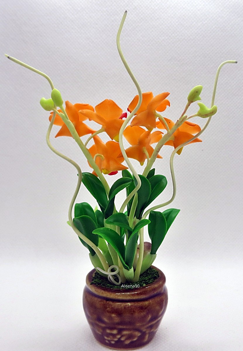 USstock 4″H Air-Dry-Clay Handmade Miniature Dendrobium Orchid Arrangement.