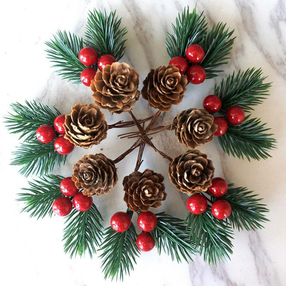 10pcs Red Christmas Berry Artificial Flower Pine Cone Branch Party Xmas Supplies
